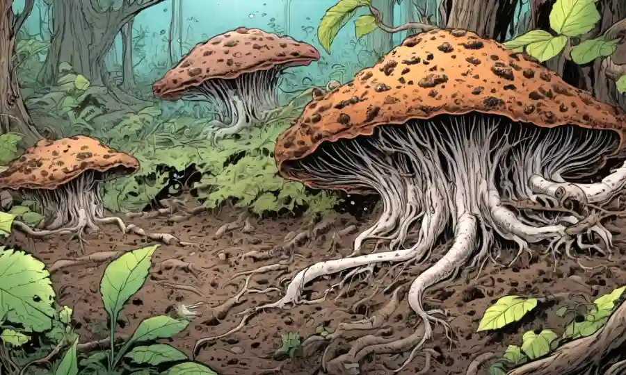 Imagen de descomposición de materia orgánica con crecimiento fúngico y gusanos de tierra