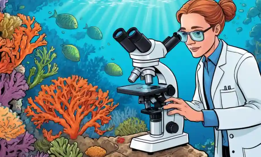 Científico que estudia lesiones de esclerosis bajo microscopio cerca de un fondo de arrecife de coral.
