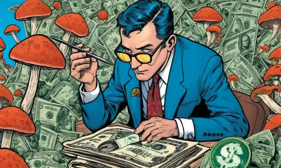 Hombre que estudia hongos bajo microscopio en medio de signos de dólar y gráficos de mercado.