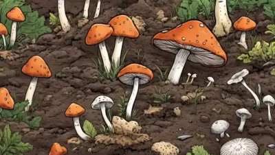 Un disparo de cerca de varias especies de hongos y sus esporas se propagan a través del suelo.