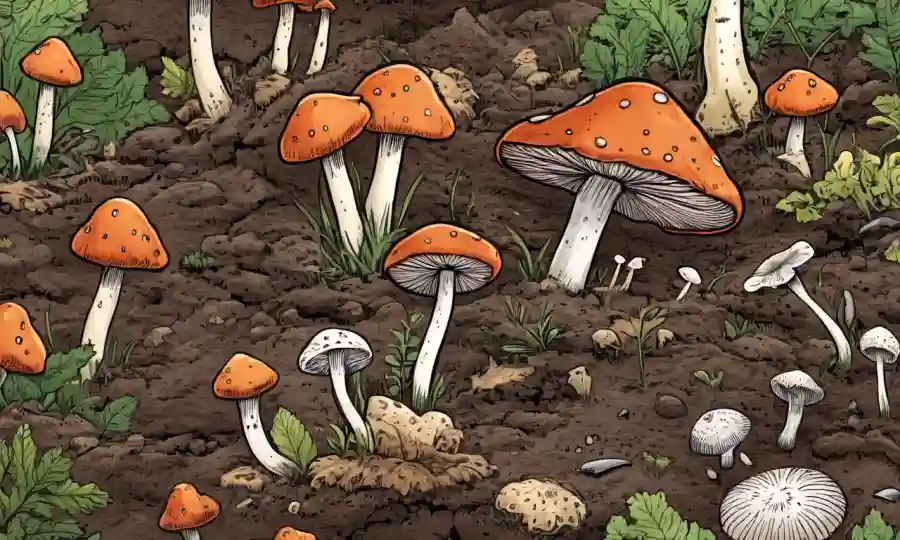 Un disparo de cerca de varias especies de hongos y sus esporas se propagan a través del suelo.