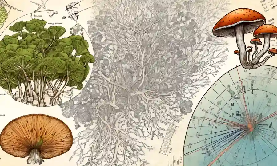Una ilustración científica de estructuras fúngicas entre gráficos y gráficos de fondo.