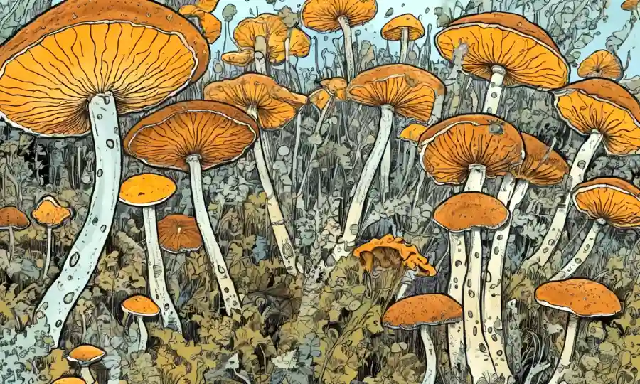 Una imagen microscópica de hongos con capción Clave para reproducción y dispersión.