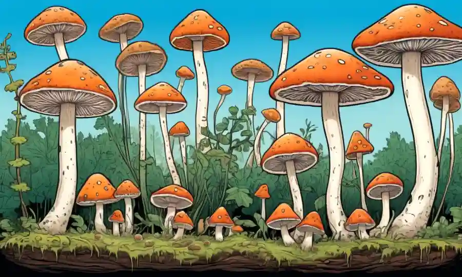La ilustración del ciclo de vida Fungi con esporas y etapas de crecimiento de hongos.