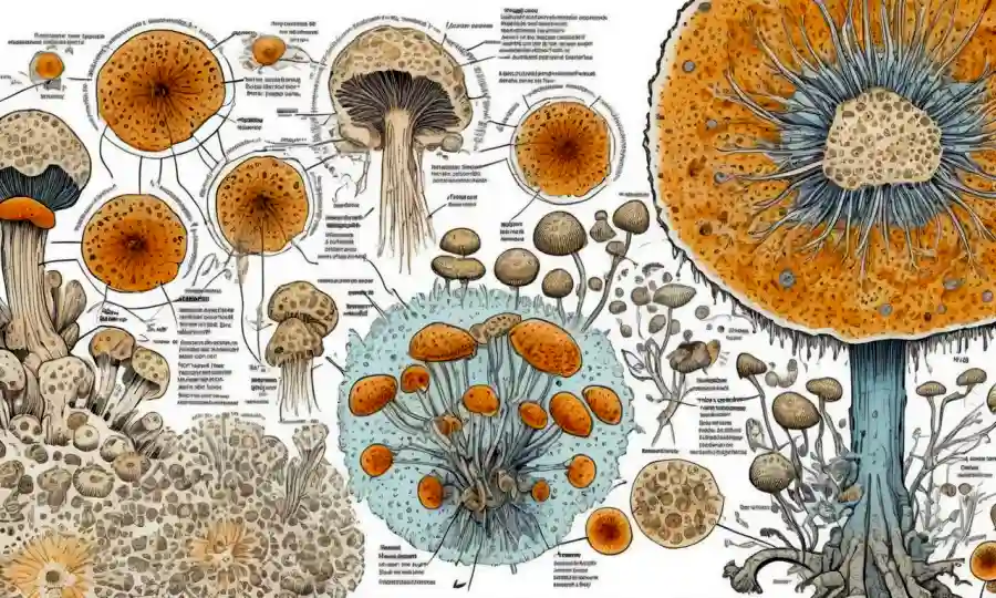 Una imagen microscópica de esporas fúngicas con ilustraciones y diagramas explicando el proceso.