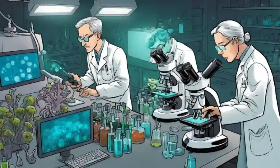 Científicos en capas de laboratorio observando especímenes de esporas bajo microscopios.