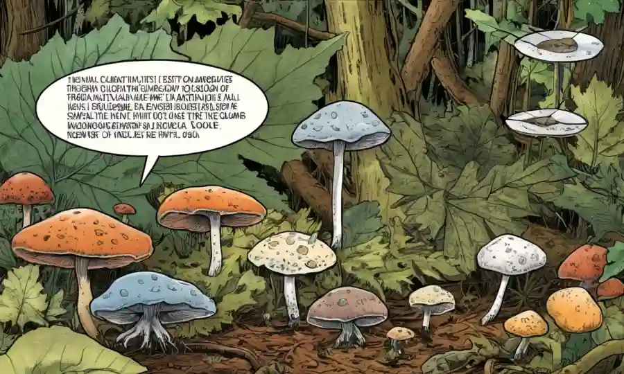 Imágenes de cerca de varias especies de hongos en un suelo de hoja o bosque, con flechas y diagramas destacando características.