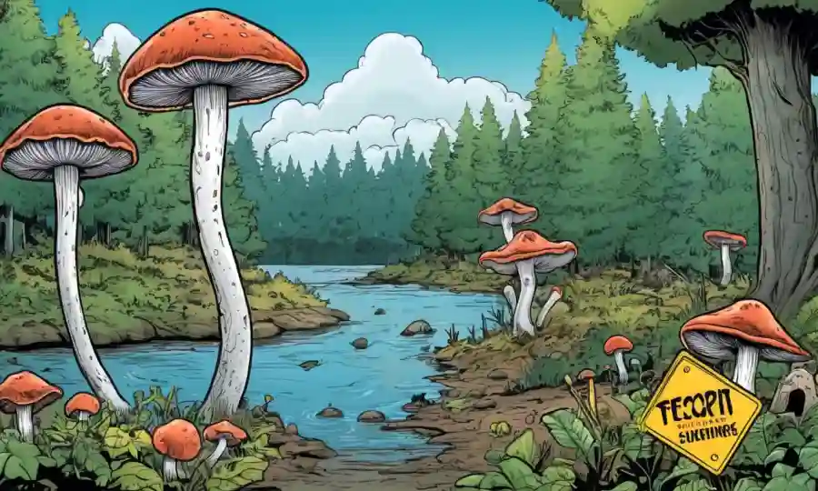 Una ilustración de varias especies de hongos con señales de precaución cerca del agua o los fondos forestales.