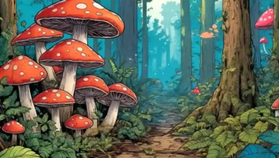 Los hongos visbrant creciendo en troncos de árboles y suelos forestales en medio de follaje diverso.