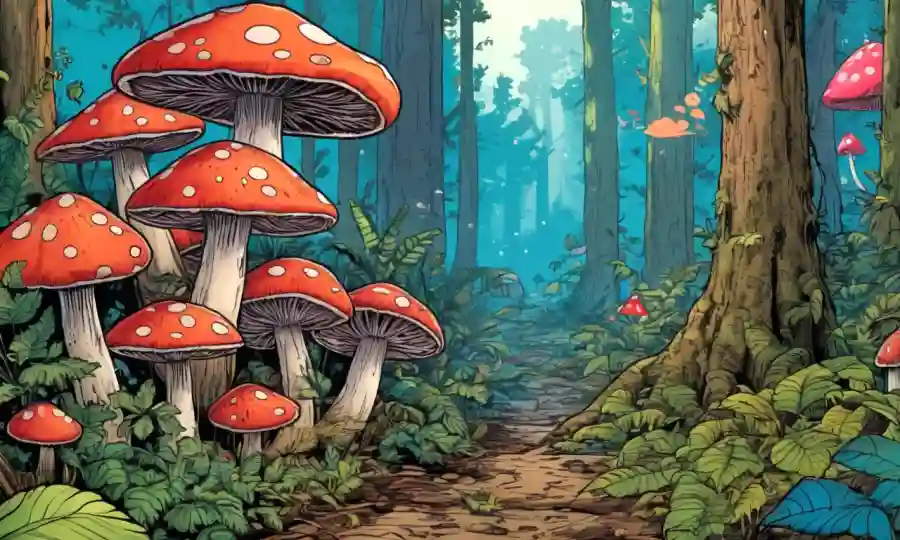 Los hongos visbrant creciendo en troncos de árboles y suelos forestales en medio de follaje diverso.
