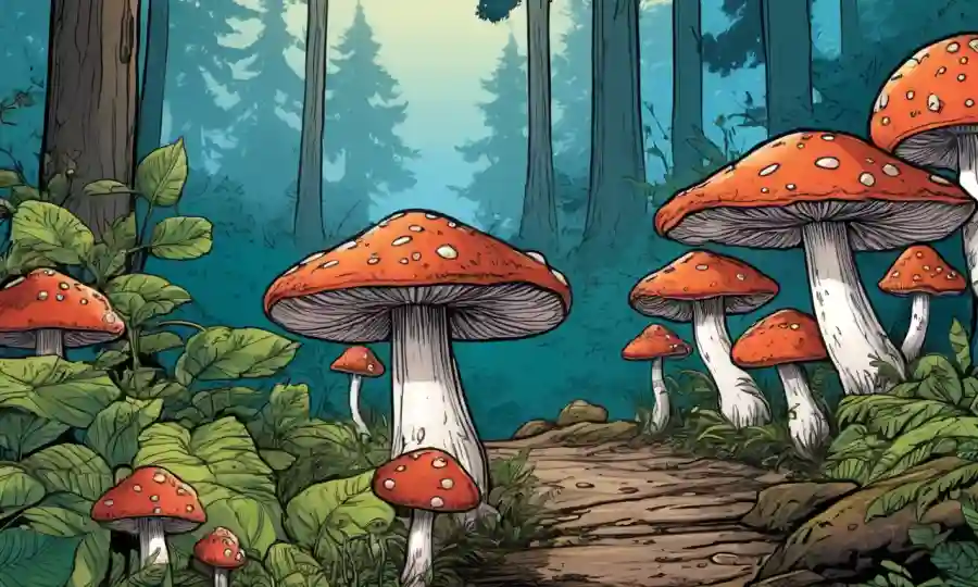 Ilustración de hongos y árboles en diversos ecosistemas forestales.