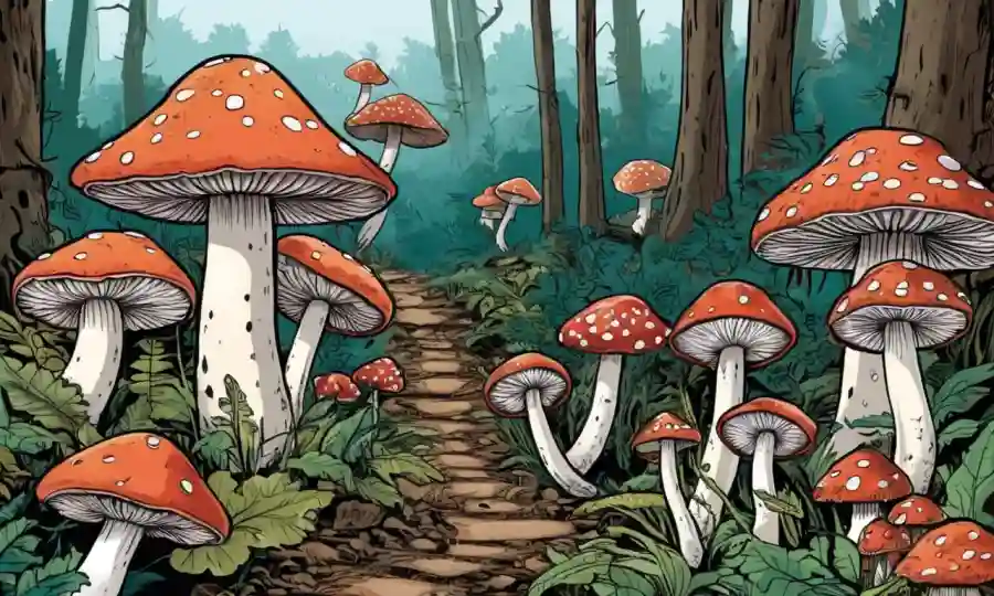 Setas variadas en bosques, algunas comestibles y otras no.