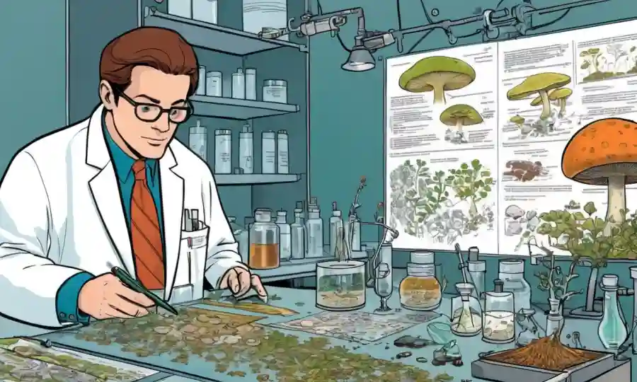 Científico examinando hongos en un laboratorio con diagramas y datos de investigación sobre impacto ambiental.