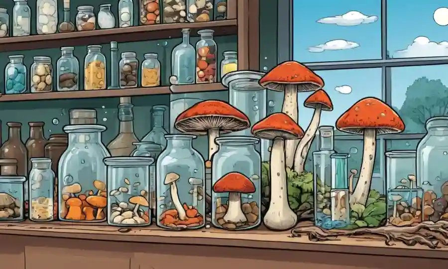 Diversos tipos de hongos en un fondo de beakers científicos y platos petri.