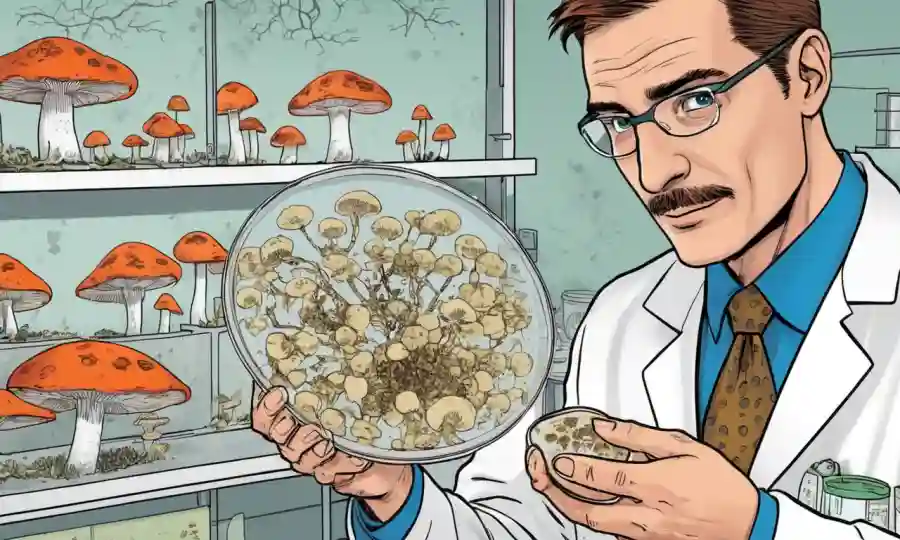 Científico sosteniendo una muestra de hongos en un plato petri con diagramas de redes fúngicas.