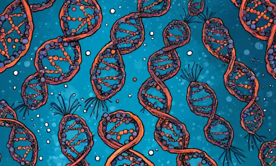 Una ilustración de cromosomas o moléculas de ADN destacando variaciones genéticas.