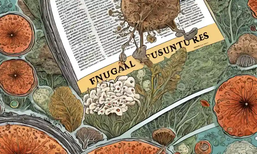 Vista microscopio de estructuras reproductivas fúngicas o vegetales rodeadas de texto científico.