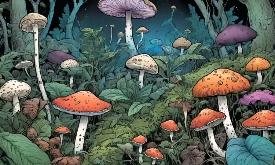 Ilustración de hongos y plantas coexistiendo, con esporas resaltadas.