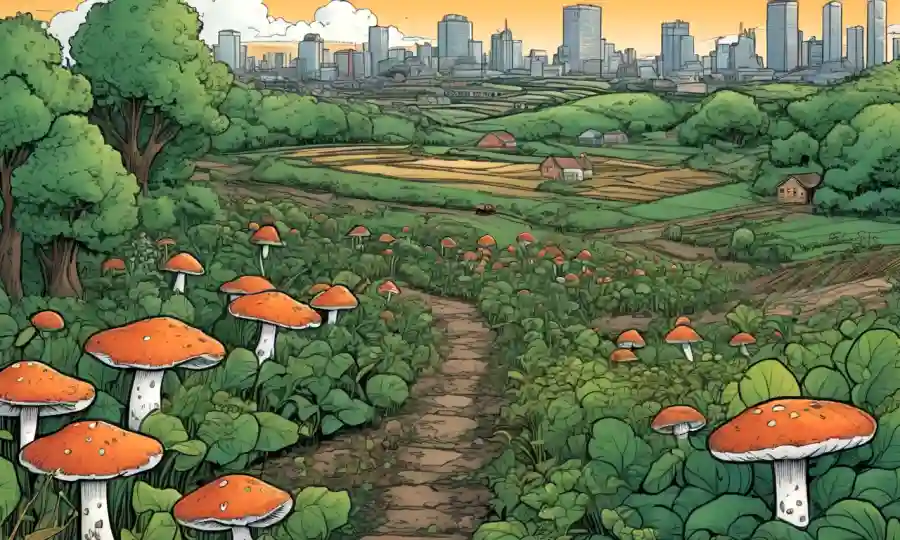 Ilustración de hongos creciendo en medio de espacios verdes urbanos y campos agrícolas.