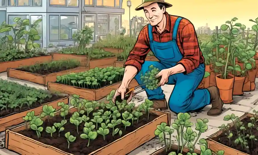 Farmer tending to urban garden with sprouts, surrounded by innovative and sustainable agriculture tools.