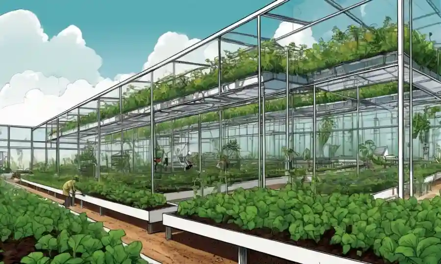 Una granja urbana futurista con invernaderos y jardines verticales