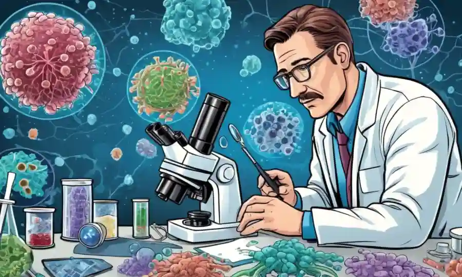 Científicos que estudian organismos microscópicos bajo microscopio