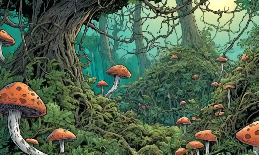 Una imagen de microscopio de redes fúngicas que forman relaciones simbióticas entre vegetación exuberante.