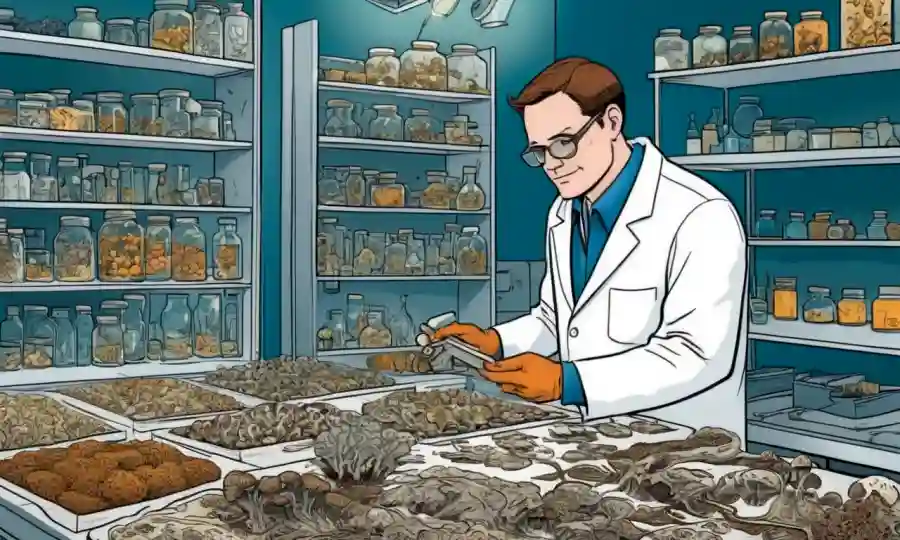 Una persona que estudia varios especímenes de hongos en un laboratorio, con ilustraciones y diagramas.
