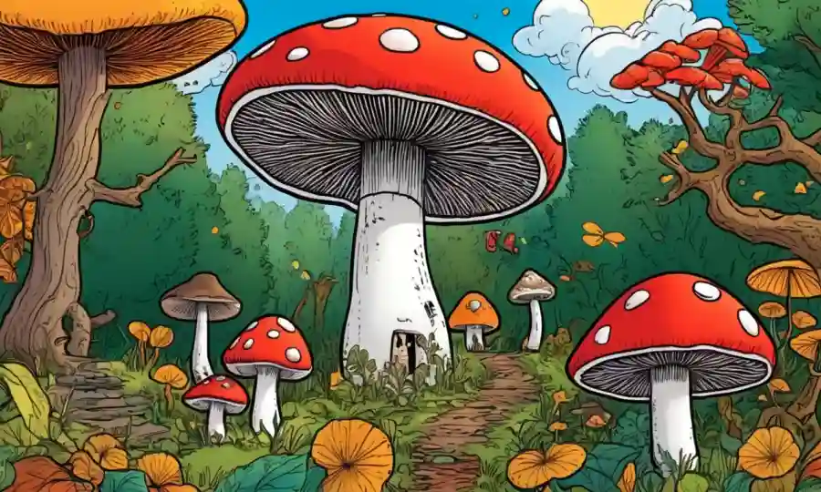 Ilustración de hongos y árboles rodeados de símbolos estacionales destacando su significado ecológico.