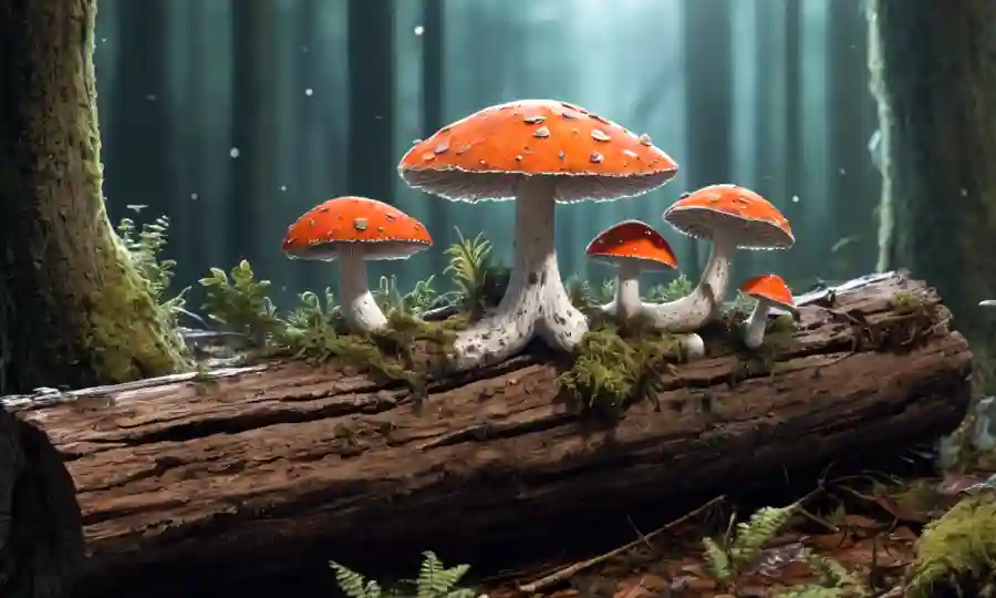 hongos creciendo en un tronco en un bosque con indicadores de impacto ecológico.