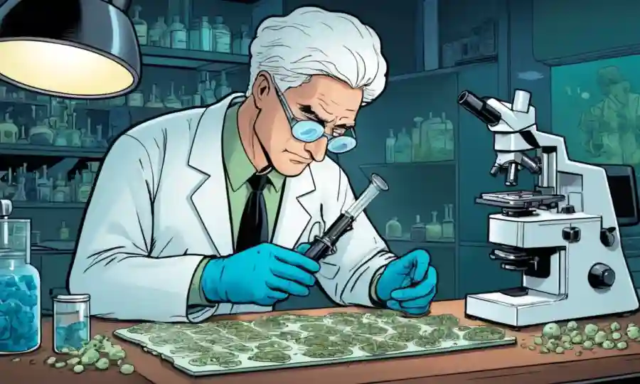 Científico examinando diapositivas de microscopio de muestras de hongos con equipos de laboratorio que rodean.