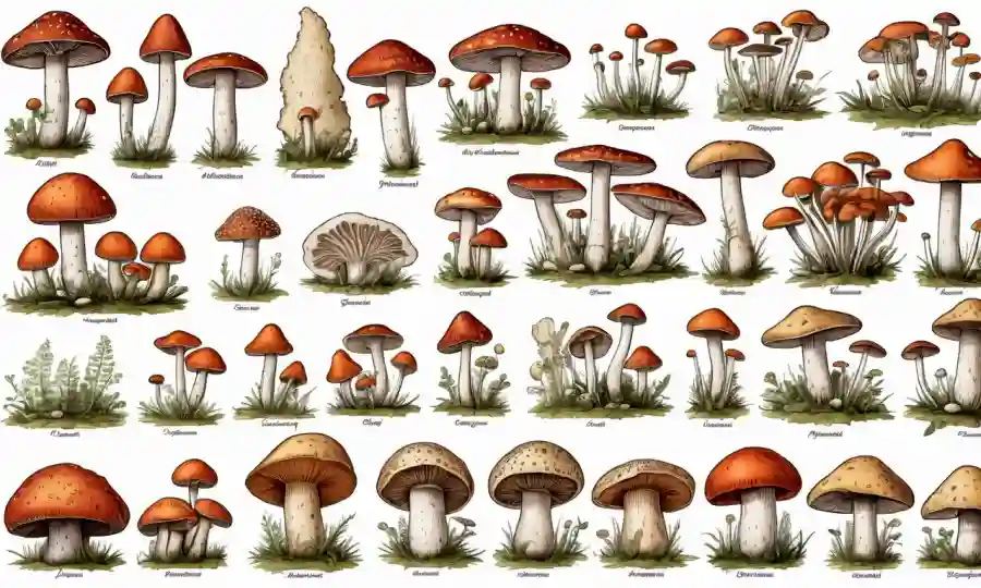 Diversos tipos de hongos junto a diagramas de su estructura interna y patrones de crecimiento.
