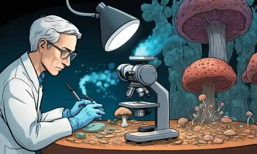 Un investigador que estudia anatomía fúngica bajo un microscopio.