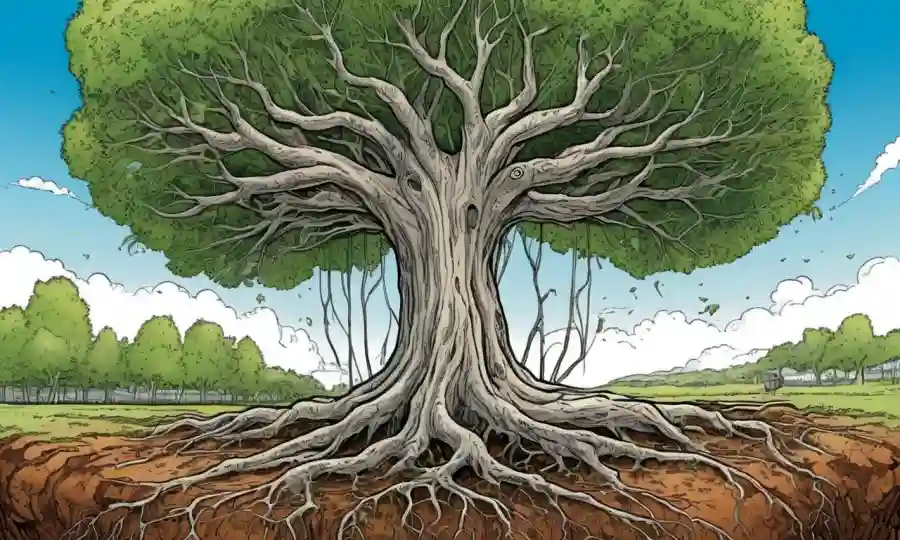 Un árbol que se ramifica para ilustrar la conexión entre estilos de vida sostenibles y el crecimiento micorrorizal.