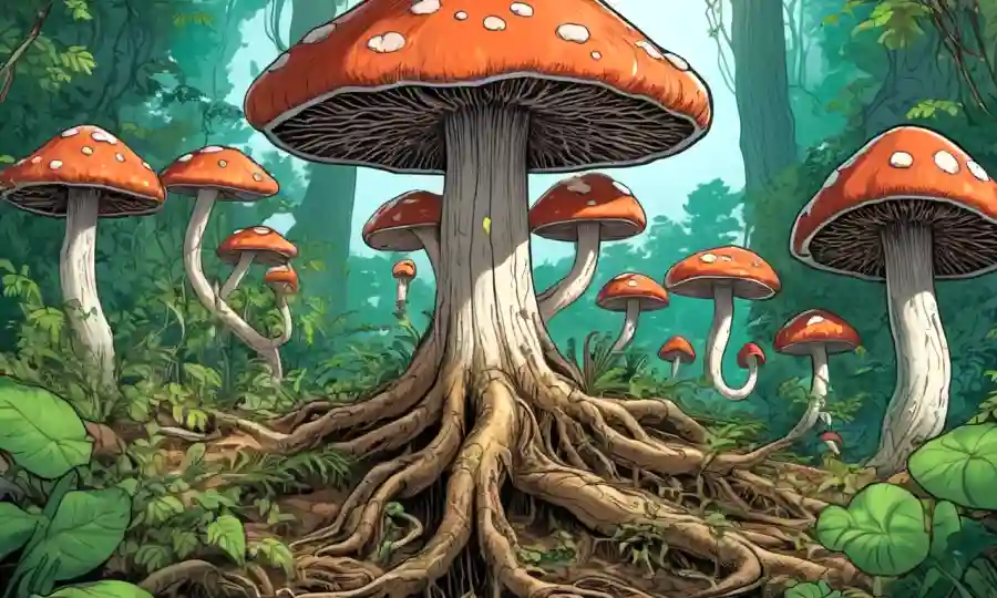 Un sistema de raíces de plantas rodeado de hongos y vegetación, representando una vida sostenible.