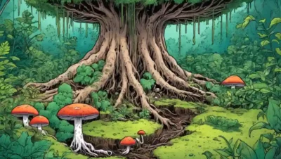 Escena de jardín con plantas que crecen de raíces hongos