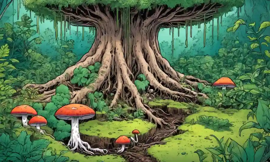 Escena de jardín con plantas que crecen de raíces hongos
