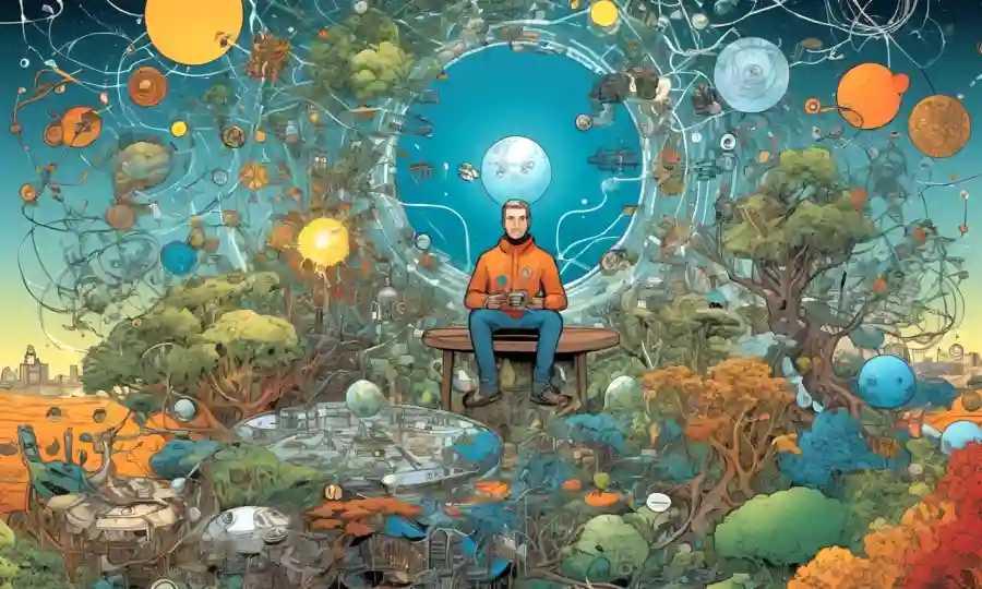 Una persona rodeada de modelos de ecosistemas interconectados y símbolos de comunicación.