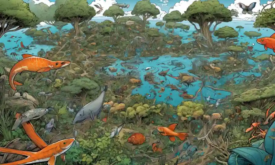 Un complejo ecosistema con especies interconectadas y redes de comunicación.