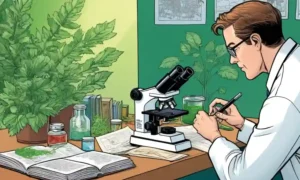 Un científico que examina una muestra de microscopio junto a la vegetación
