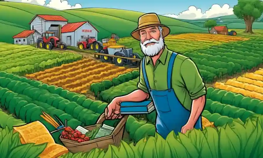 Un agricultor rodeado de prácticas agrícolas sostenibles en un campo verde, con módulos de formación o libros sobre el tema del biocontrol.