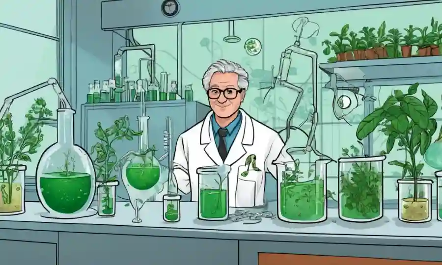 Científicos realizando experimentos con plantas y microorganismos en un laboratorio con gráficos y diagramas.