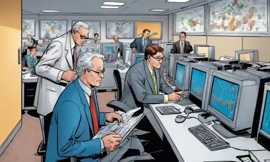 Profesionales de negocios analizando datos del mercado de hongos en computadoras y gráficos.