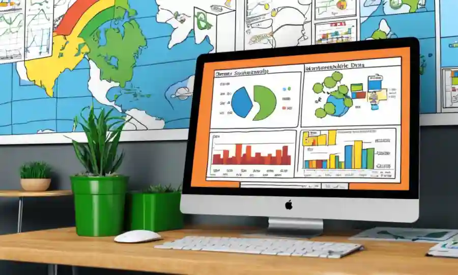 Gráficos y gráficos analizando datos de marketing en una pantalla de computadora con iconos de sostenibilidad ambiental.