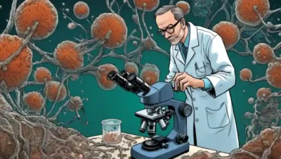 Científico examinando redes microscópicas de hongos bajo un microscopio.