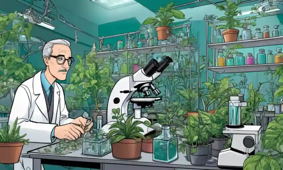 Un científico rodeado de plantas y equipos en un laboratorio, con microscopios y diagramas en las tablas.