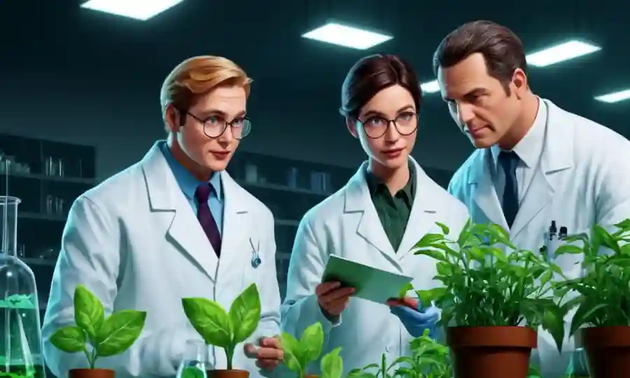 Científicos en capas de laboratorio examinando muestras de plantas y discutiendo juntos la investigación.
