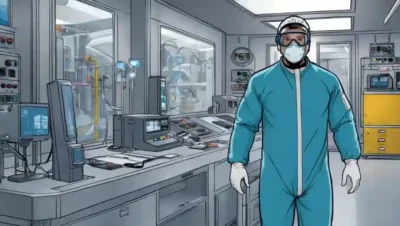 Profesional con PPE de pie delante del equipo de laboratorio de medio ambiente controlado.