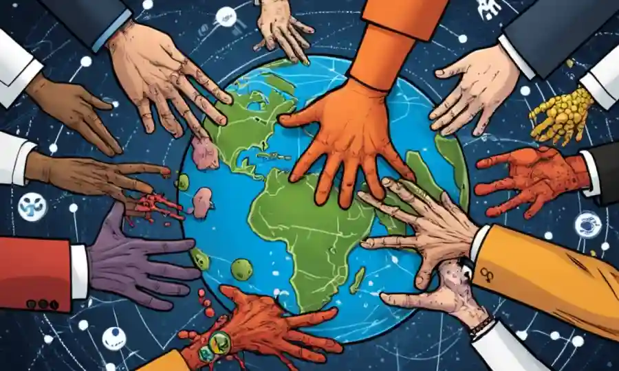 Un apretón de manos entre líderes académicos de diferentes países rodeados de microorganismos e iconos de red.
