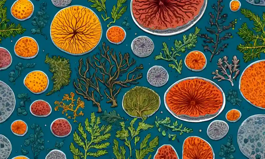 Conviven imágenes de microscopios o de platillos con hongos y vegetación.